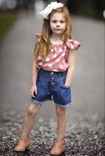 Load image into Gallery viewer, Blush Polka Dot Top with Denim Shorts
