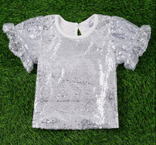 Load image into Gallery viewer, Silver Sequin Ruffle Sleeve Top
