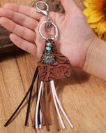 Brown Cow Tag Leather Keychain