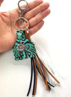 Turquoise Cow Tag Leather Keychain